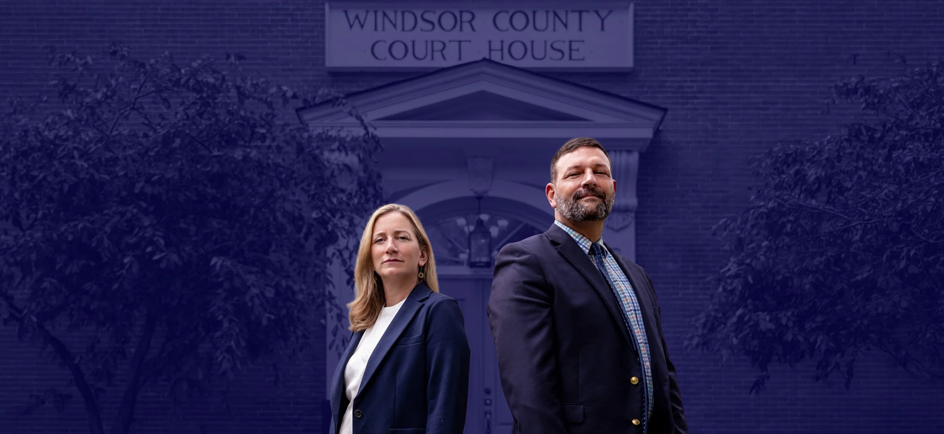 Marsicovetere & Levine Law Group stand before Windsor County Court House under a blue filter.